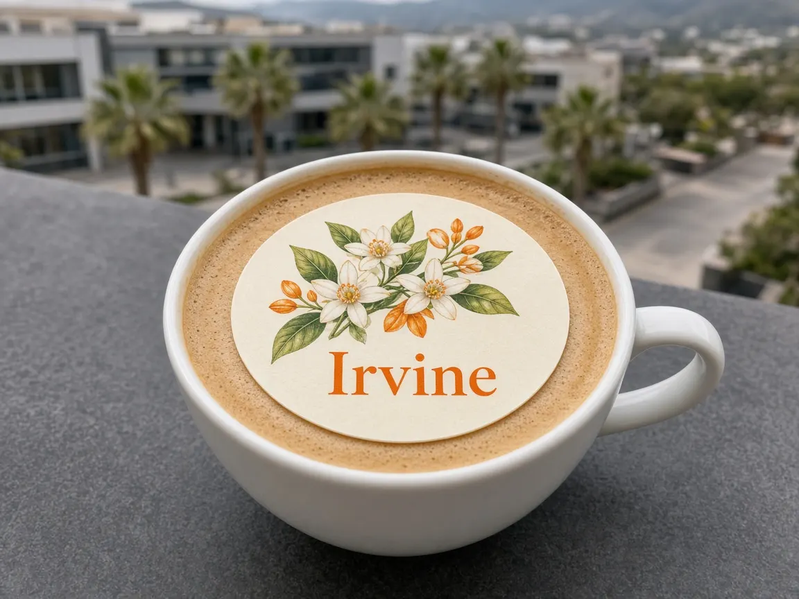 Latte with an orange blossom Irvine topper overlooking a palm-lined office park