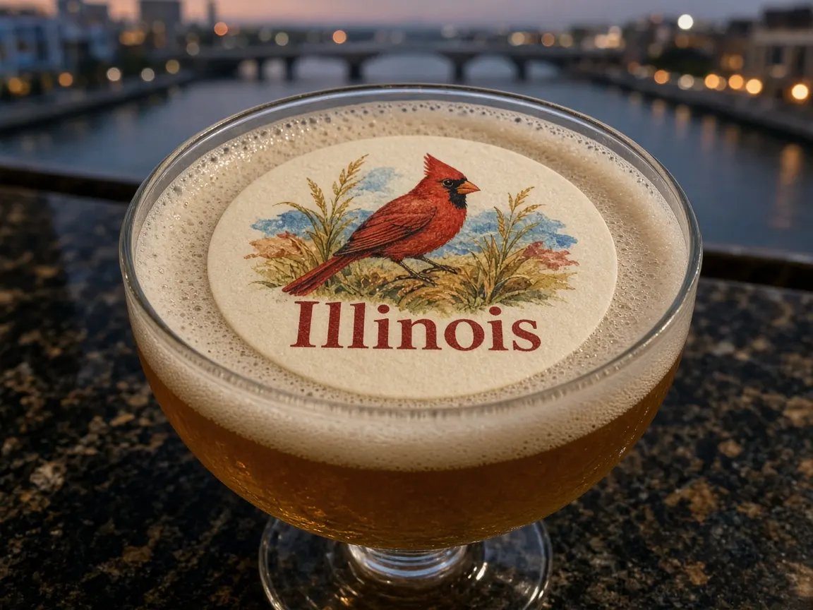 Beer with a cardinal Illinois topper above a city river