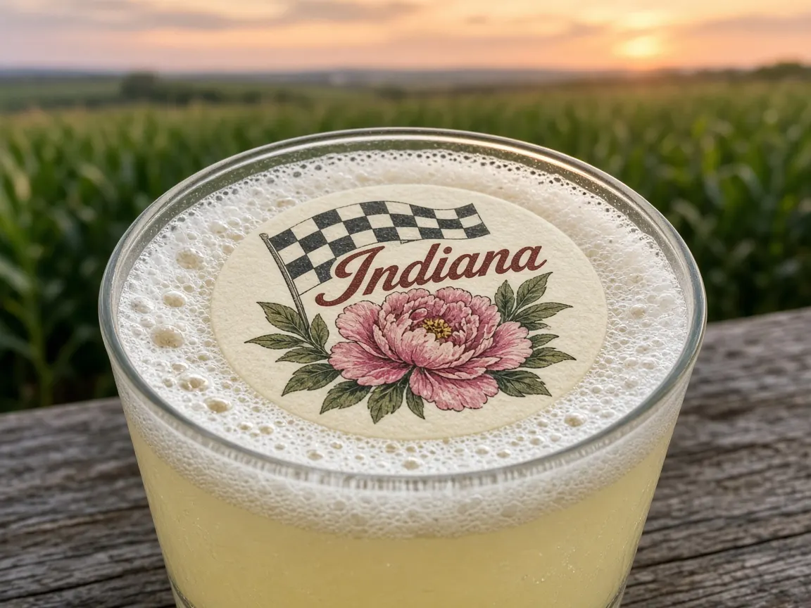 Frothy lemonade with a checkered flag and peony Indiana topper by cornfields