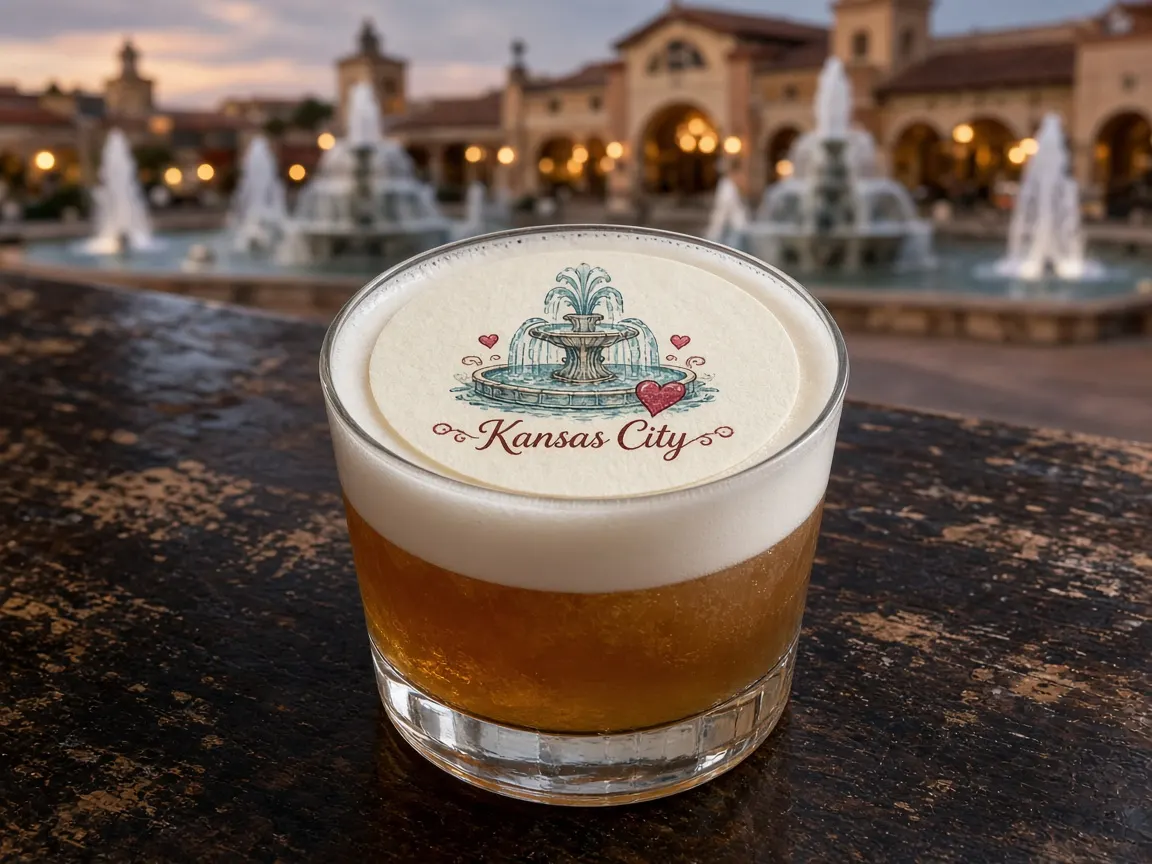 Bourbon sour with a fountain and heart Kansas City topper on the Country Club Plaza