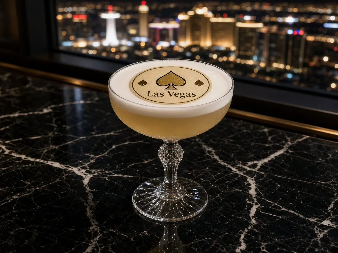 Champagne sour with a Las Vegas spade topper on black marble, the Strip lit up at night behind