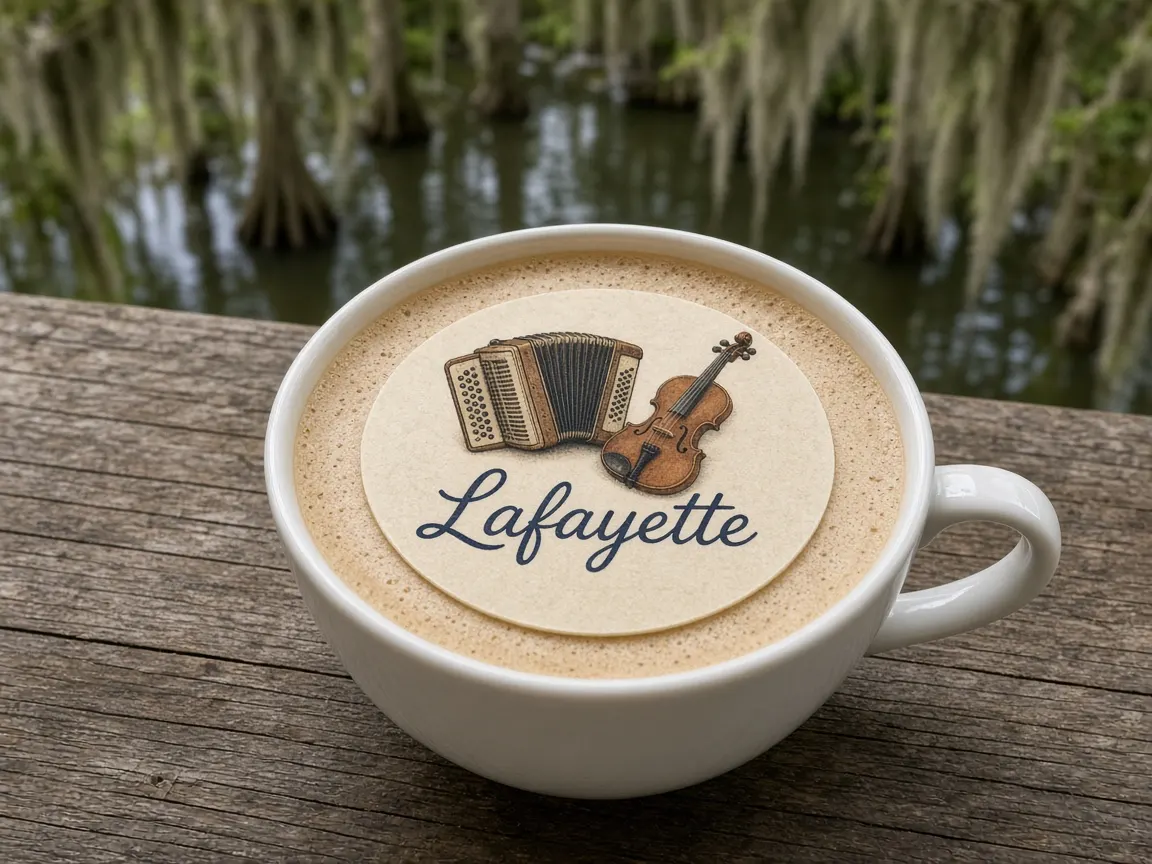 Café au lait with an accordion and fiddle Lafayette topper by a cypress bayou