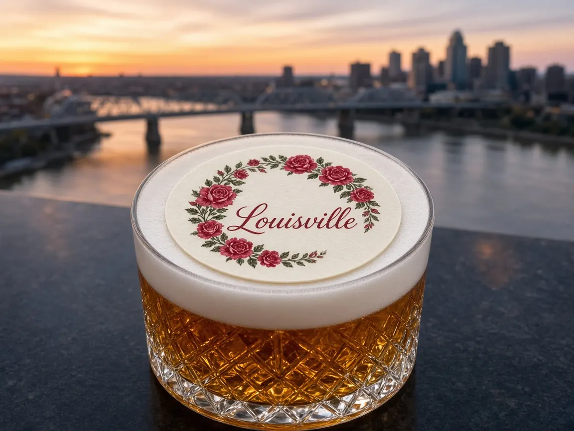 Bourbon sour with a horseshoe of roses Louisville topper overlooking the Ohio River