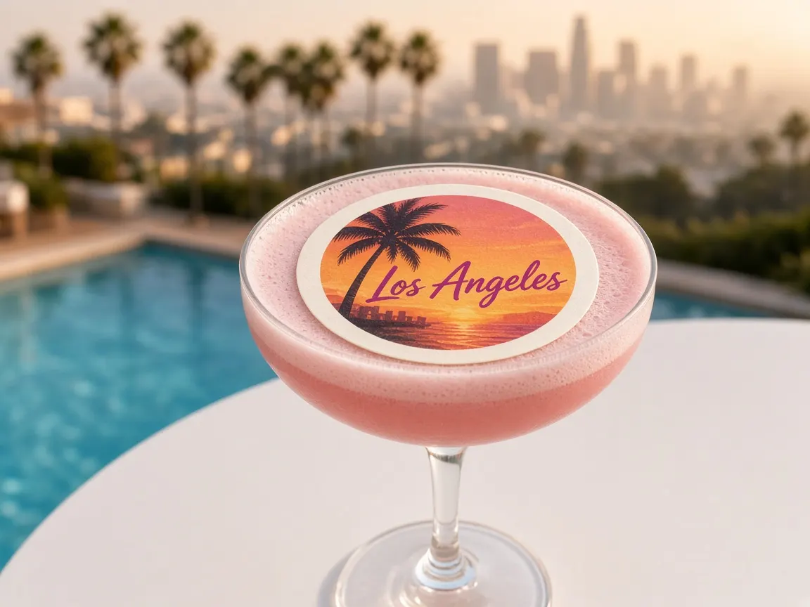 Pink frothy cocktail with a Los Angeles sunset topper by a Hollywood Hills pool