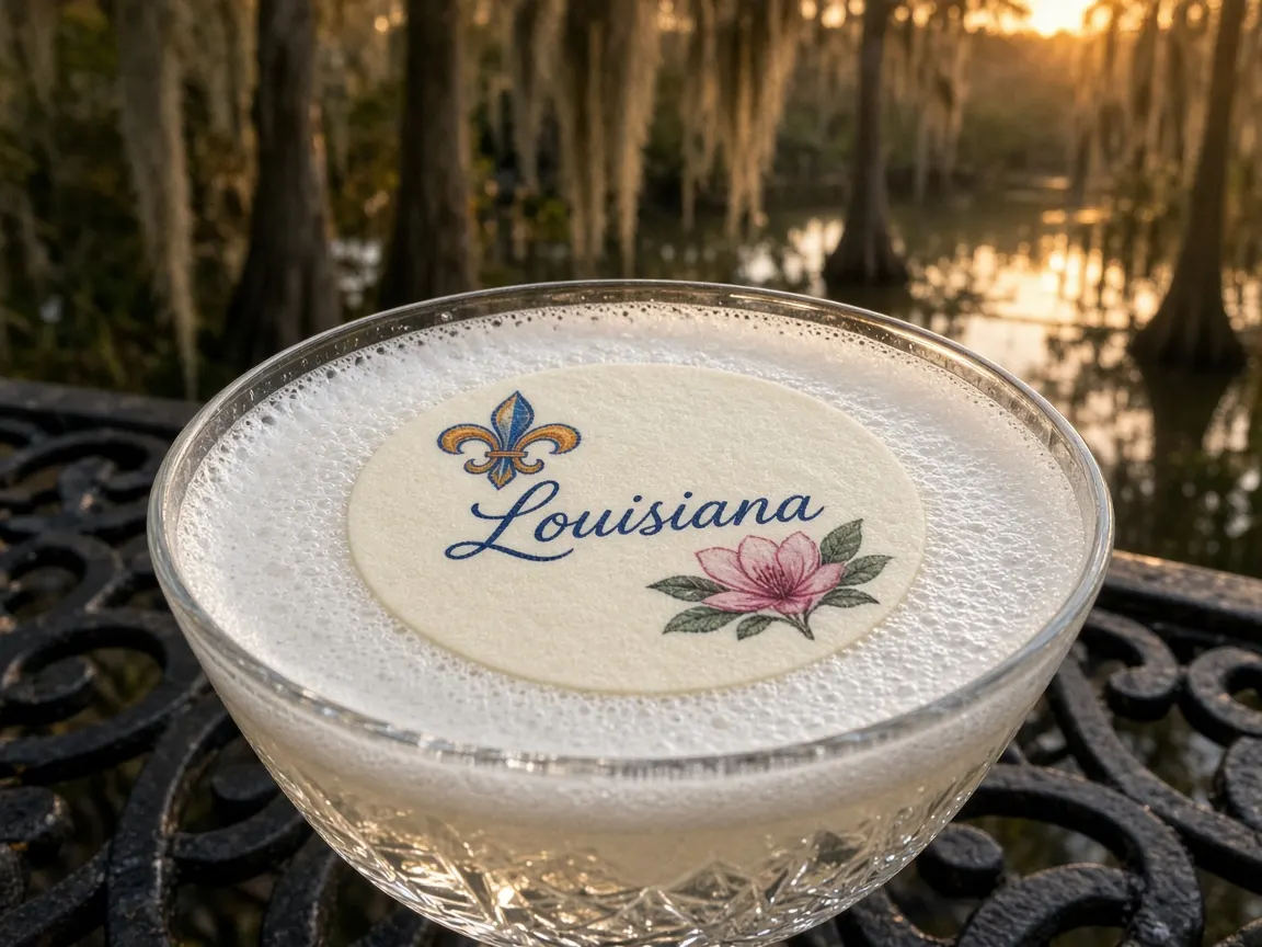 Gin fizz with a fleur-de-lis and magnolia Louisiana topper on a bayou balcony