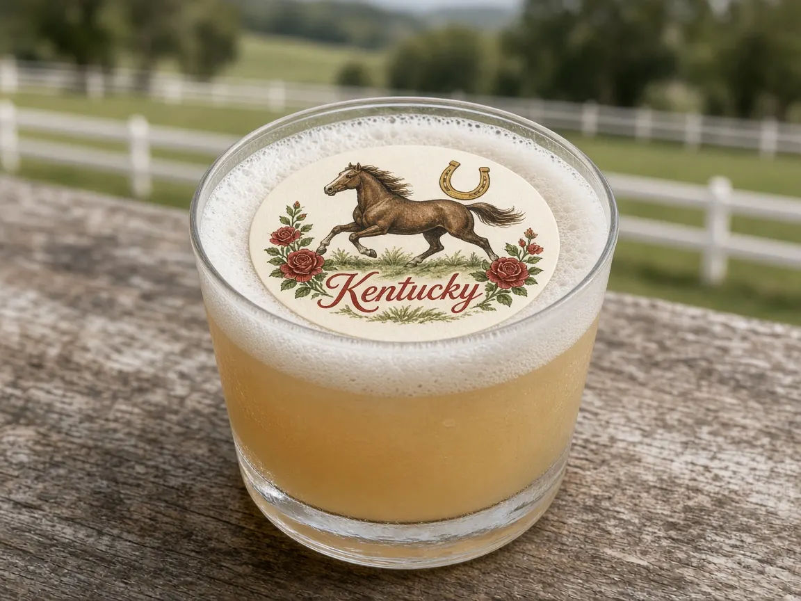 Bourbon sour with a running horse and roses Kentucky topper on a horse farm