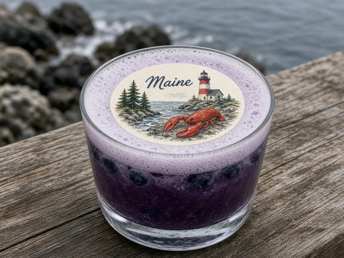 Blueberry sour with a lighthouse and lobster Maine topper on a rocky coast