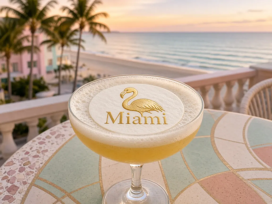 Passion-fruit cocktail with a Miami flamingo topper on a terrazzo table, ocean and palms at sunset