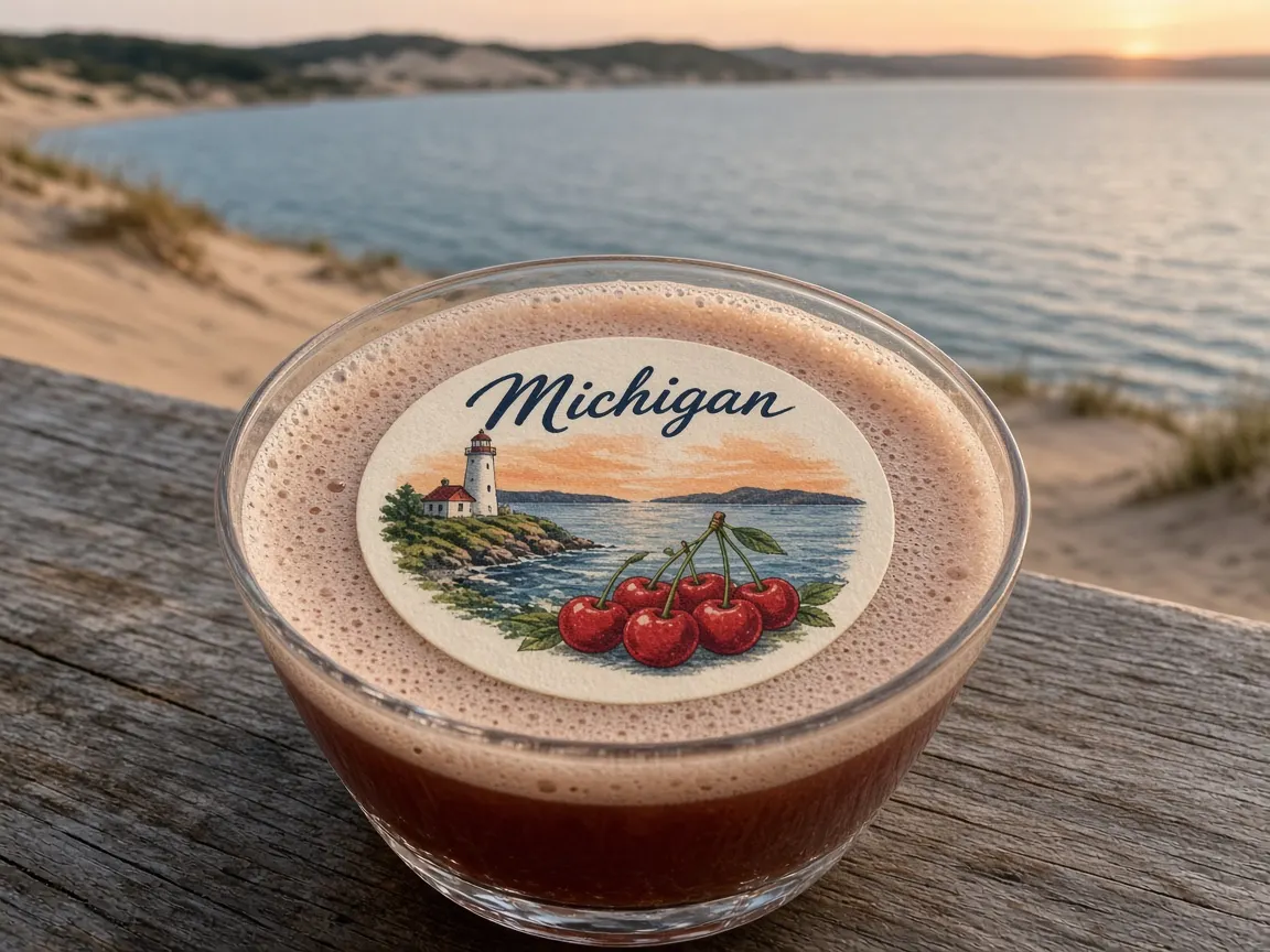 Cherry sour with a lighthouse and cherries Michigan topper above dunes