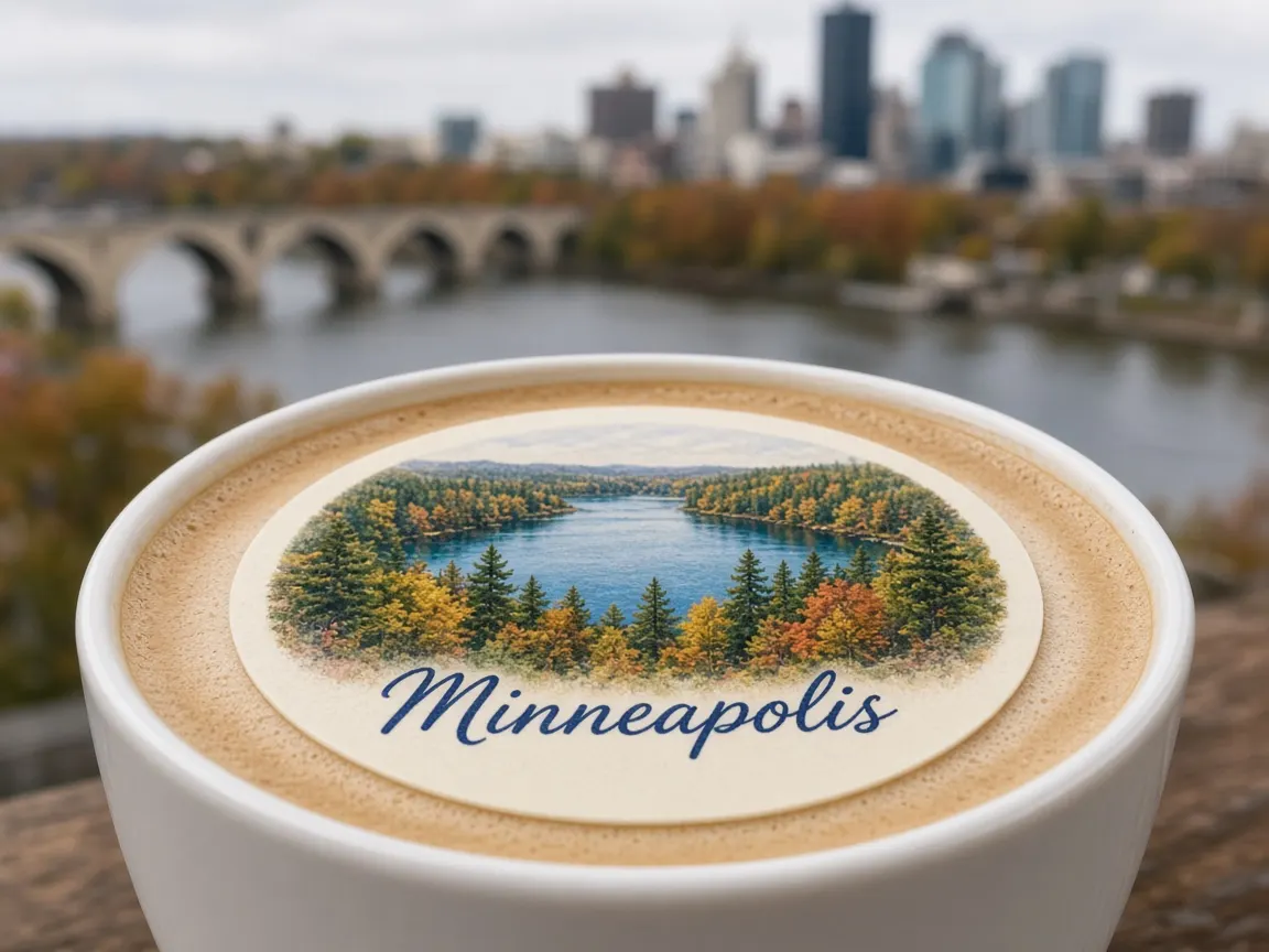 Latte with a lake and pine forest Minneapolis topper, Stone Arch Bridge behind