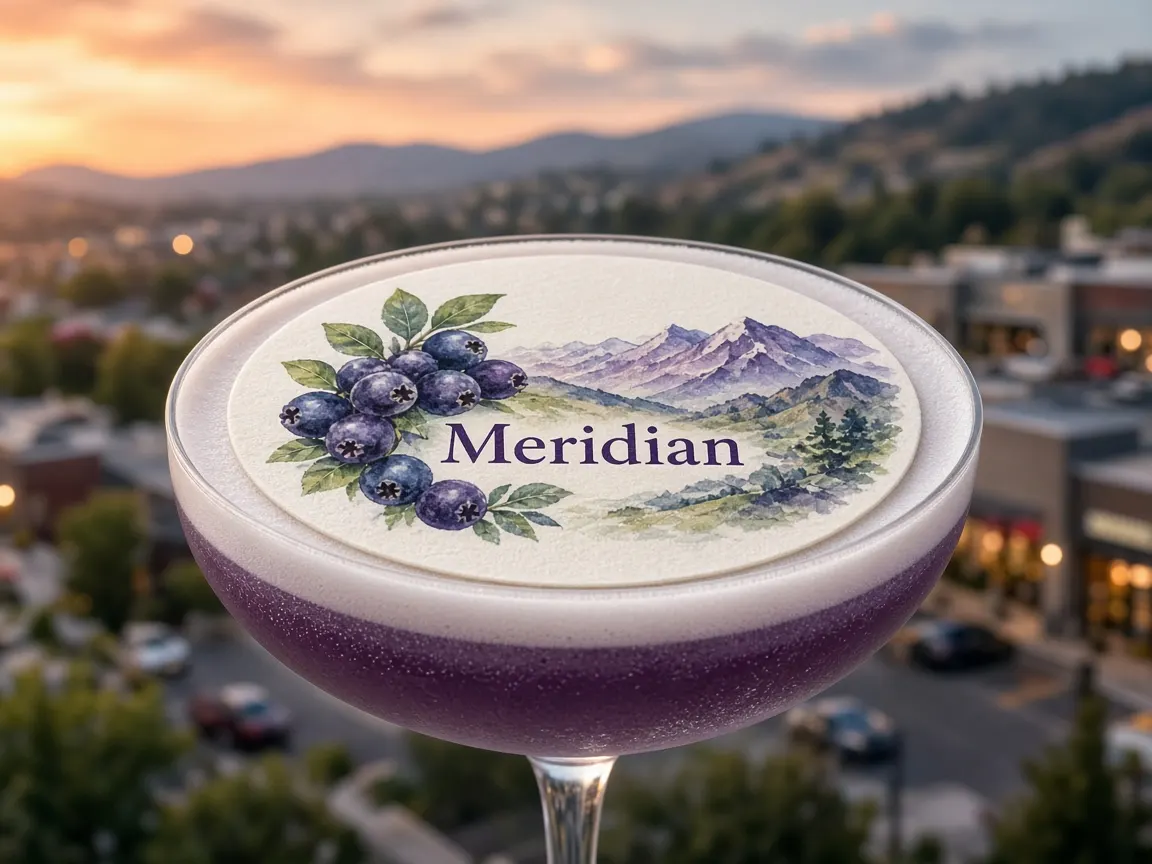 Huckleberry mocktail with a Meridian topper overlooking the Treasure Valley foothills