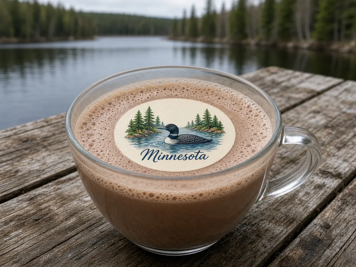 Hot chocolate with a loon on a lake Minnesota topper on a cabin dock