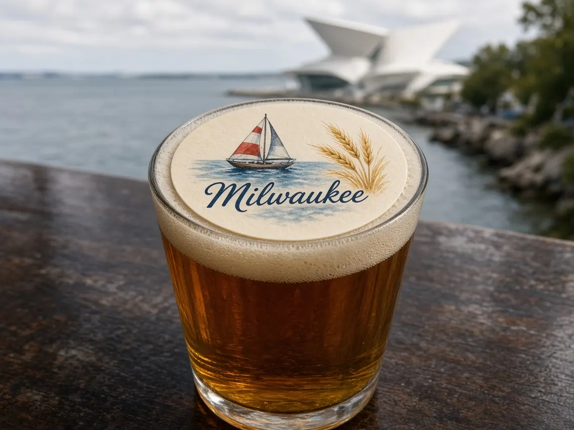 Pint with a sailboat and wheat Milwaukee topper on the Lake Michigan shore