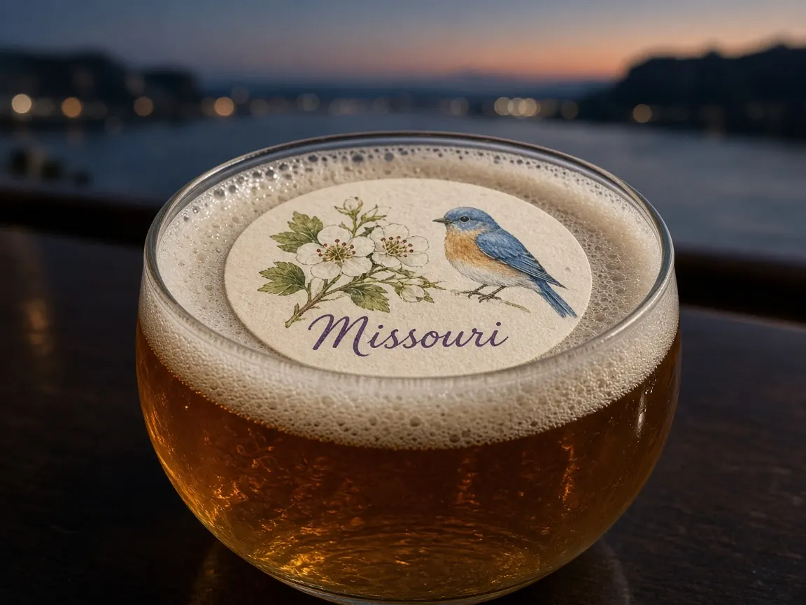 Beer with a hawthorn and bluebird Missouri topper above river city lights