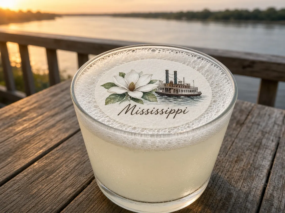 Frothy lemonade with a magnolia and riverboat Mississippi topper by a river
