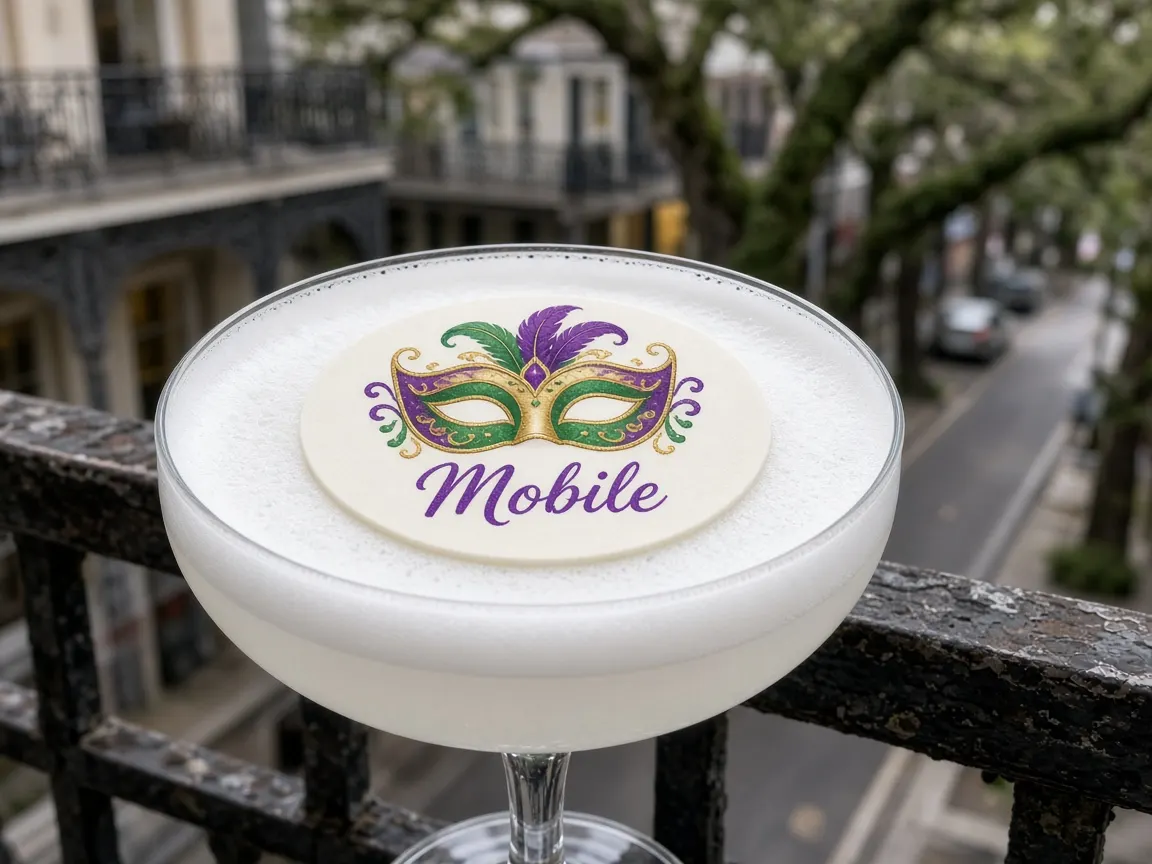 Gin fizz with a carnival mask Mobile topper on an iron-lace balcony