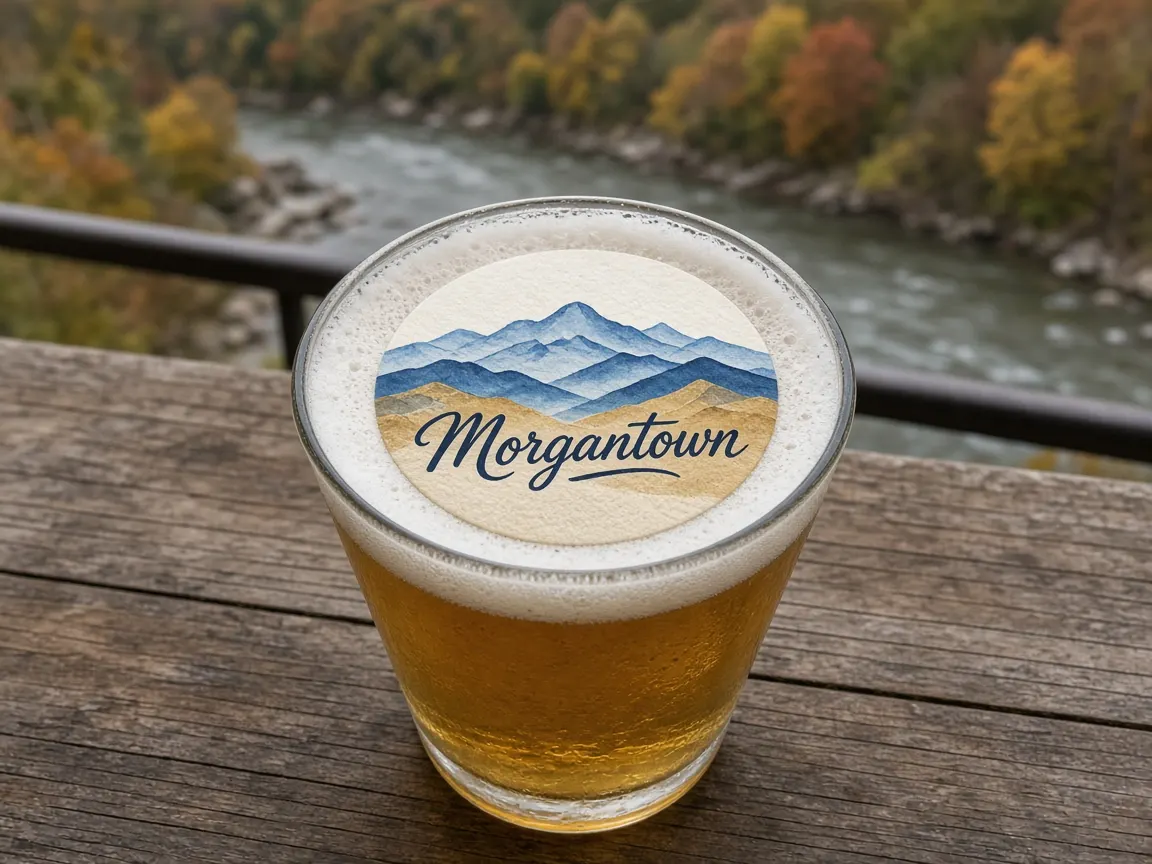 Beer with blue and gold mountains Morgantown topper above the river