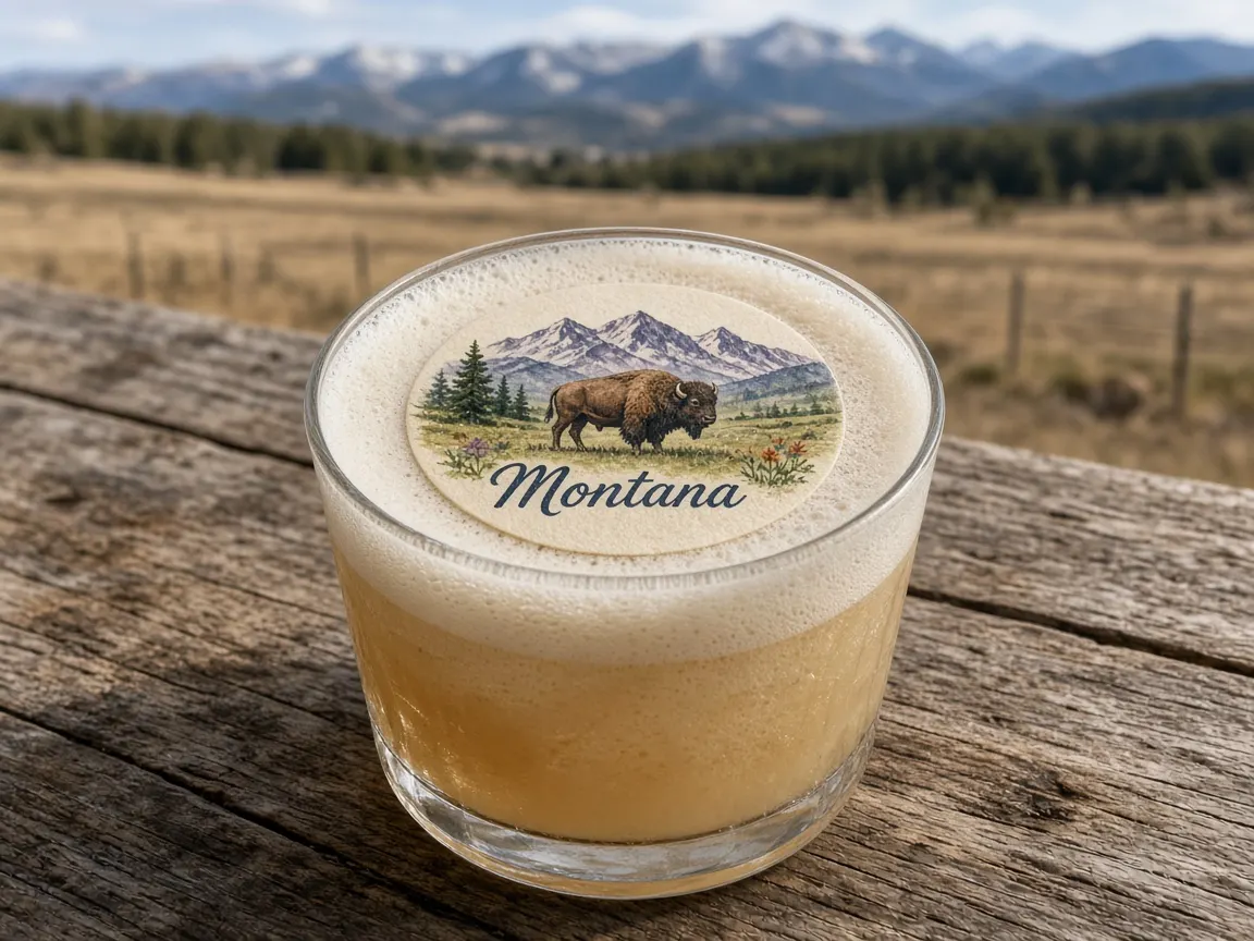 Whiskey sour with mountains and a bison Montana topper under big sky
