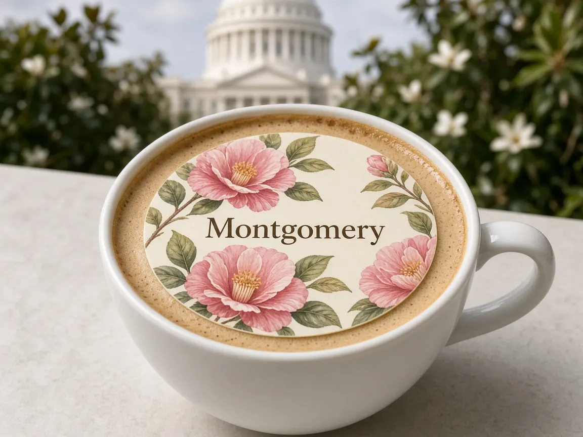 Latte with a camellia Montgomery topper in front of the white-domed capitol