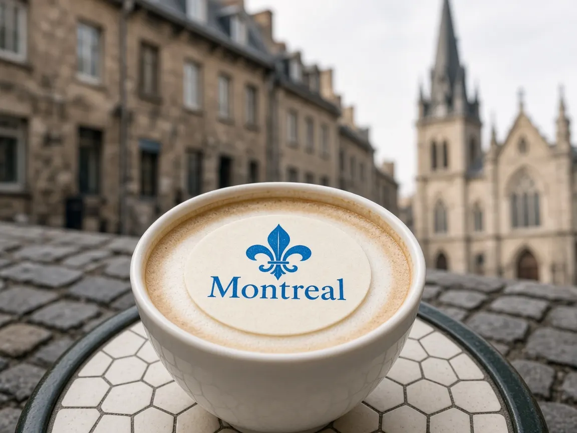 Cappuccino with a fleur-de-lis Montreal topper on a cobblestone terrace in Old Montreal