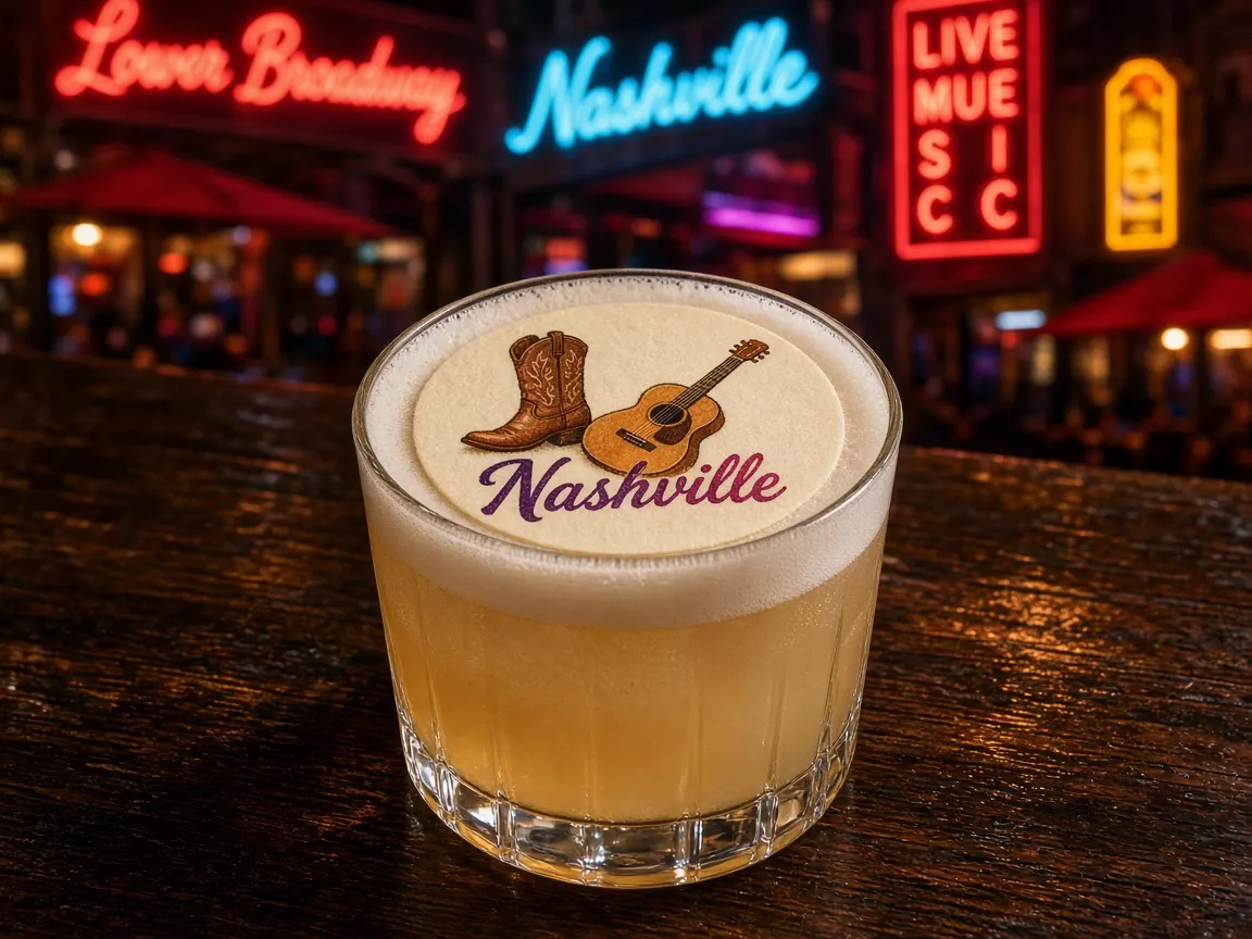 Whiskey sour with a cowboy boot and guitar Nashville topper, neon honky-tonk signs behind