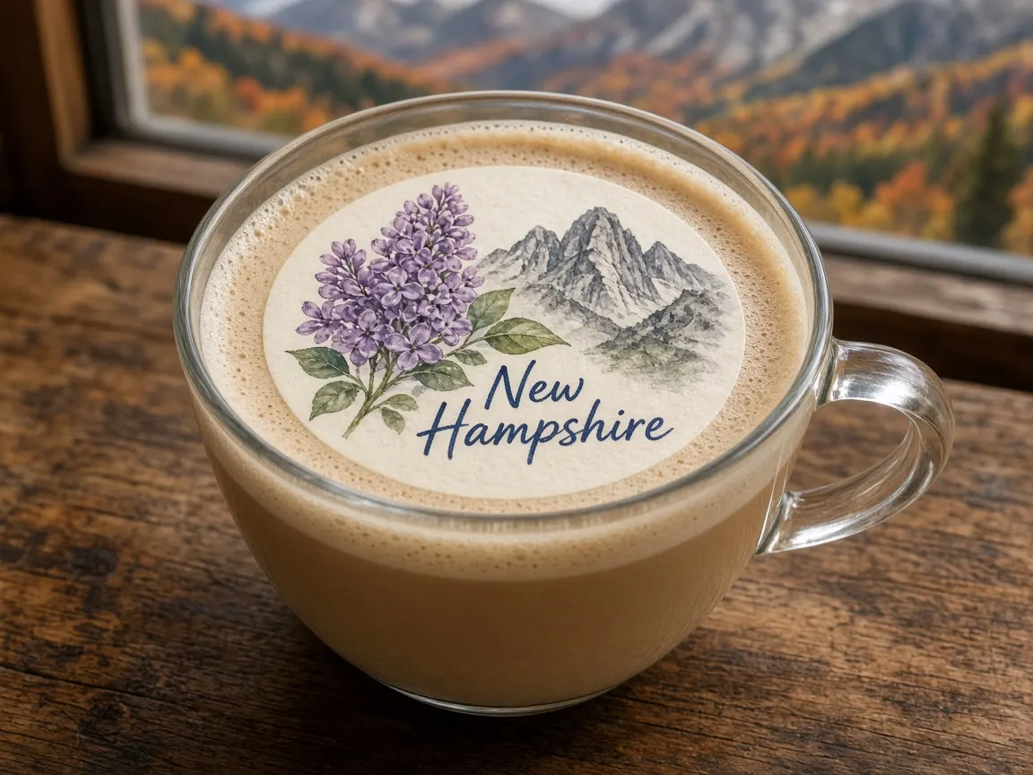 Maple latte with lilac and granite mountains New Hampshire topper