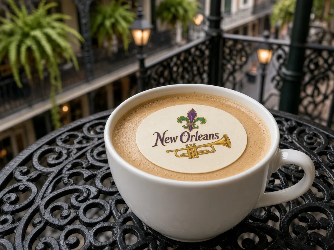 Café au lait with a fleur-de-lis and trumpet New Orleans topper on a French Quarter balcony