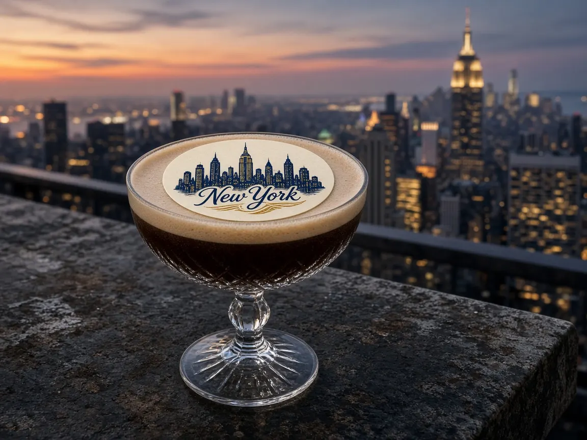 Espresso martini with a New York skyline topper on a rooftop ledge, Empire State Building lit behind