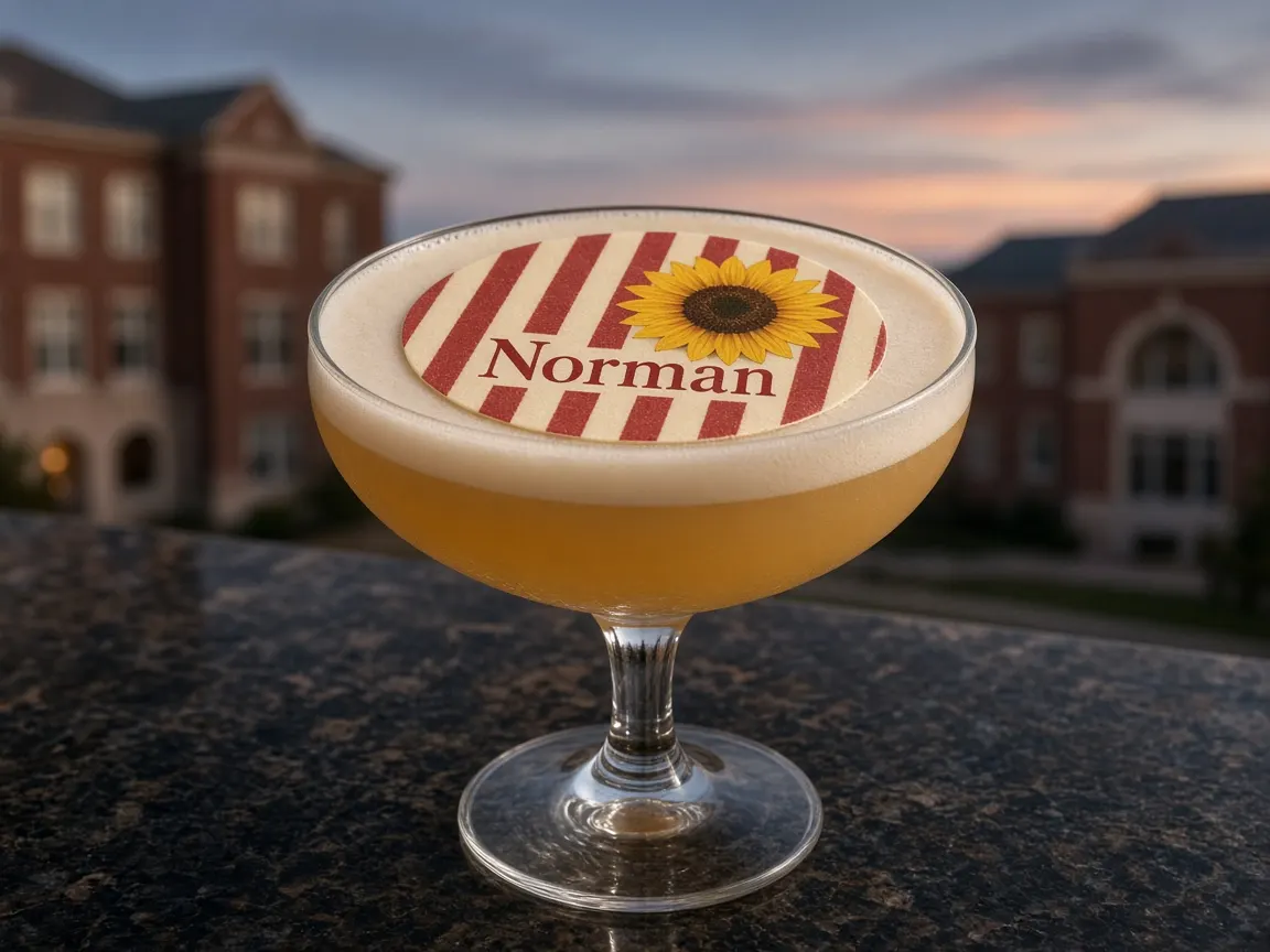 Whiskey sour with crimson stripes and a sunflower Norman topper on campus