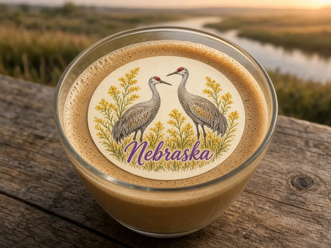 Latte with sandhill cranes and goldenrod Nebraska topper by a prairie river
