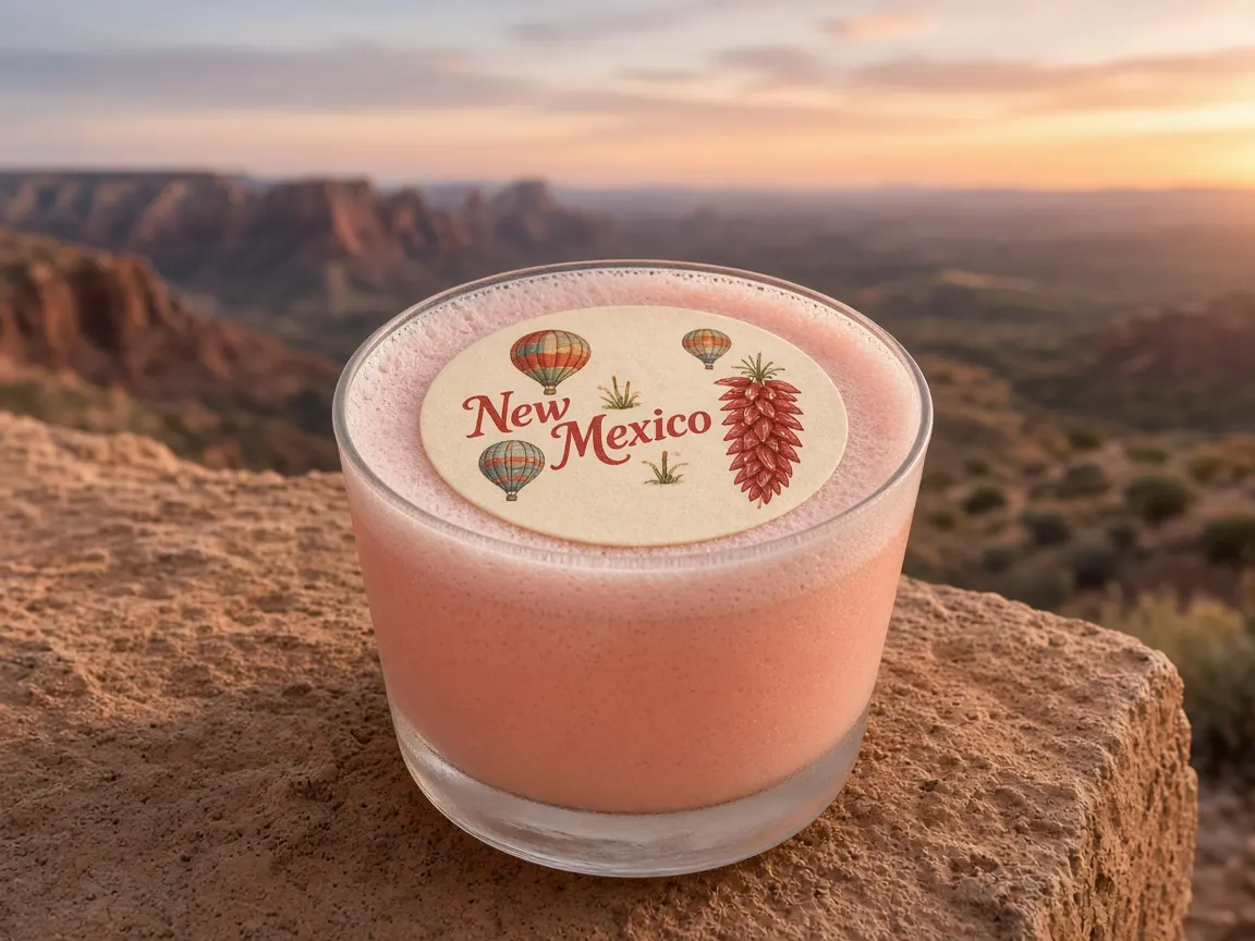 Prickly pear sour with balloons and a chile ristra New Mexico topper above mesas