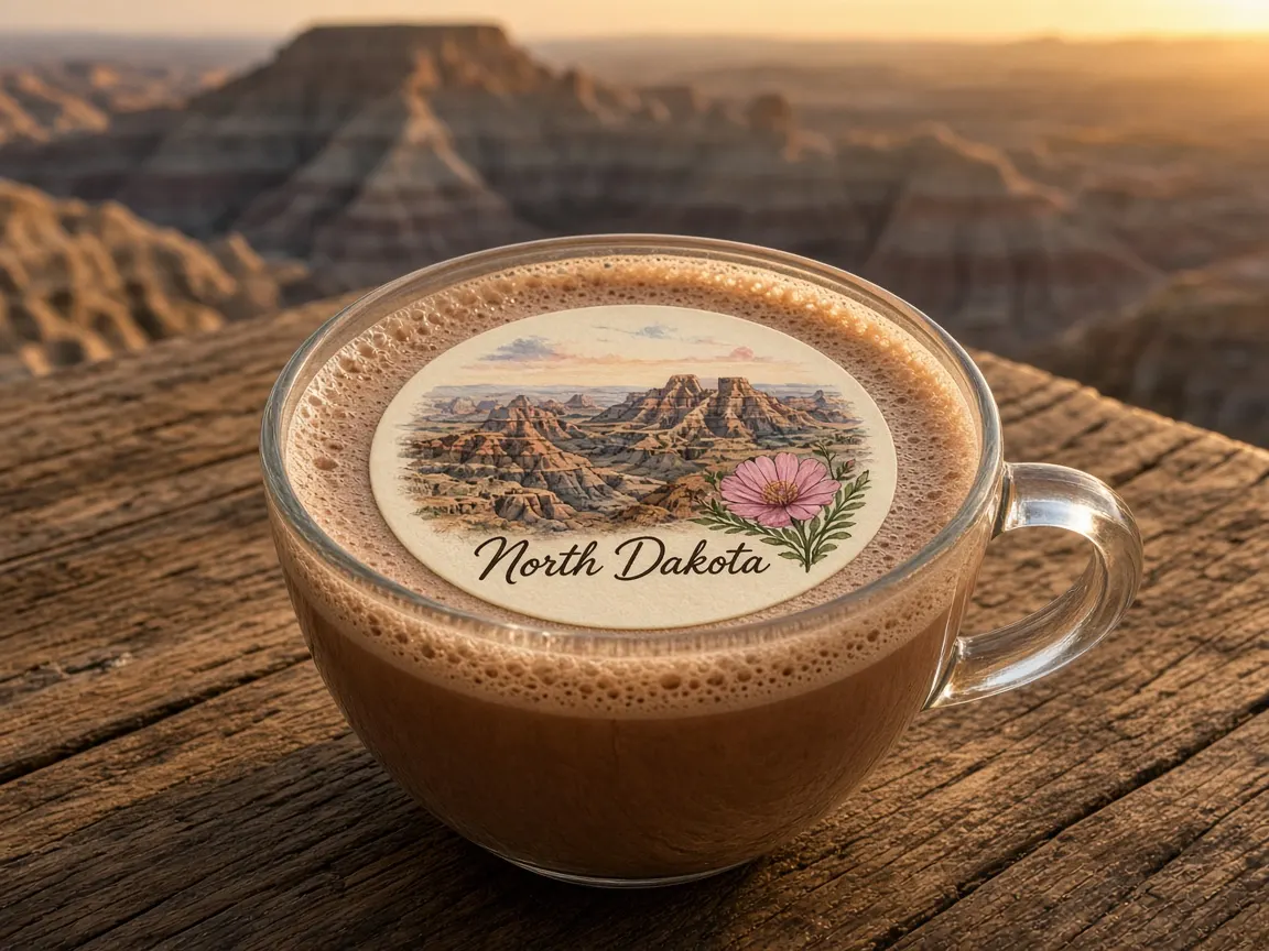 Hot chocolate with badlands and a prairie rose North Dakota topper