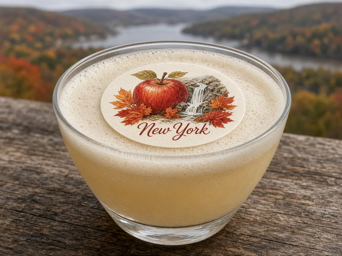 Apple cider sour with an apple and waterfall New York topper above the Hudson Valley