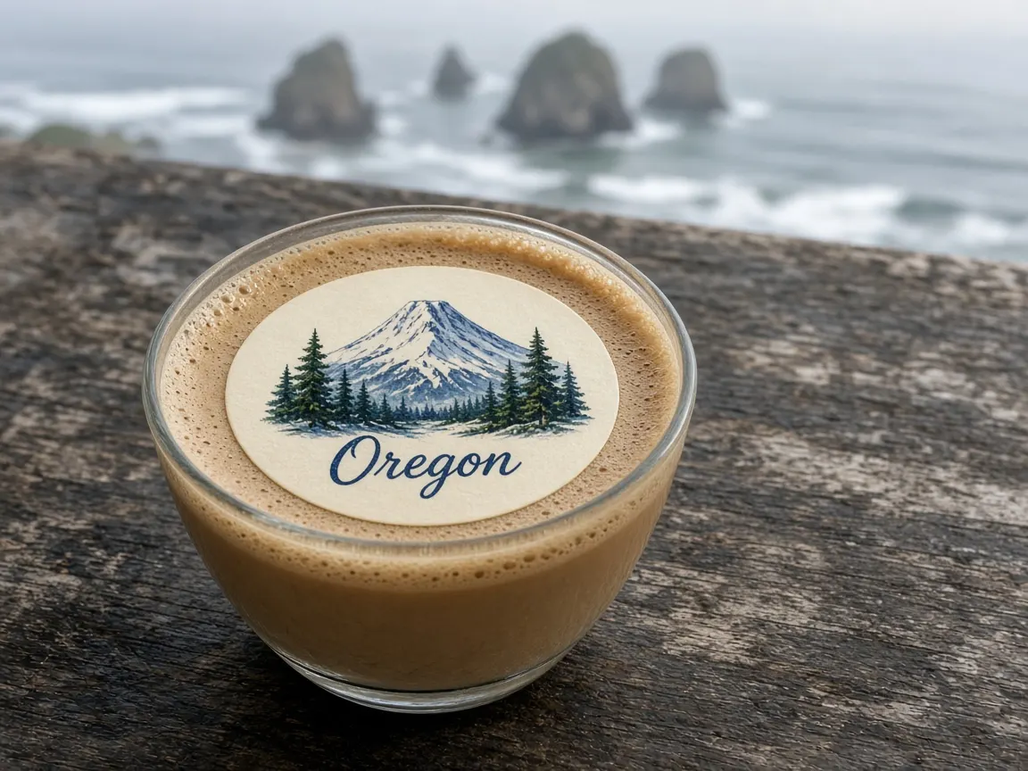 Cappuccino with a snowy volcano and firs Oregon topper above coastal sea stacks
