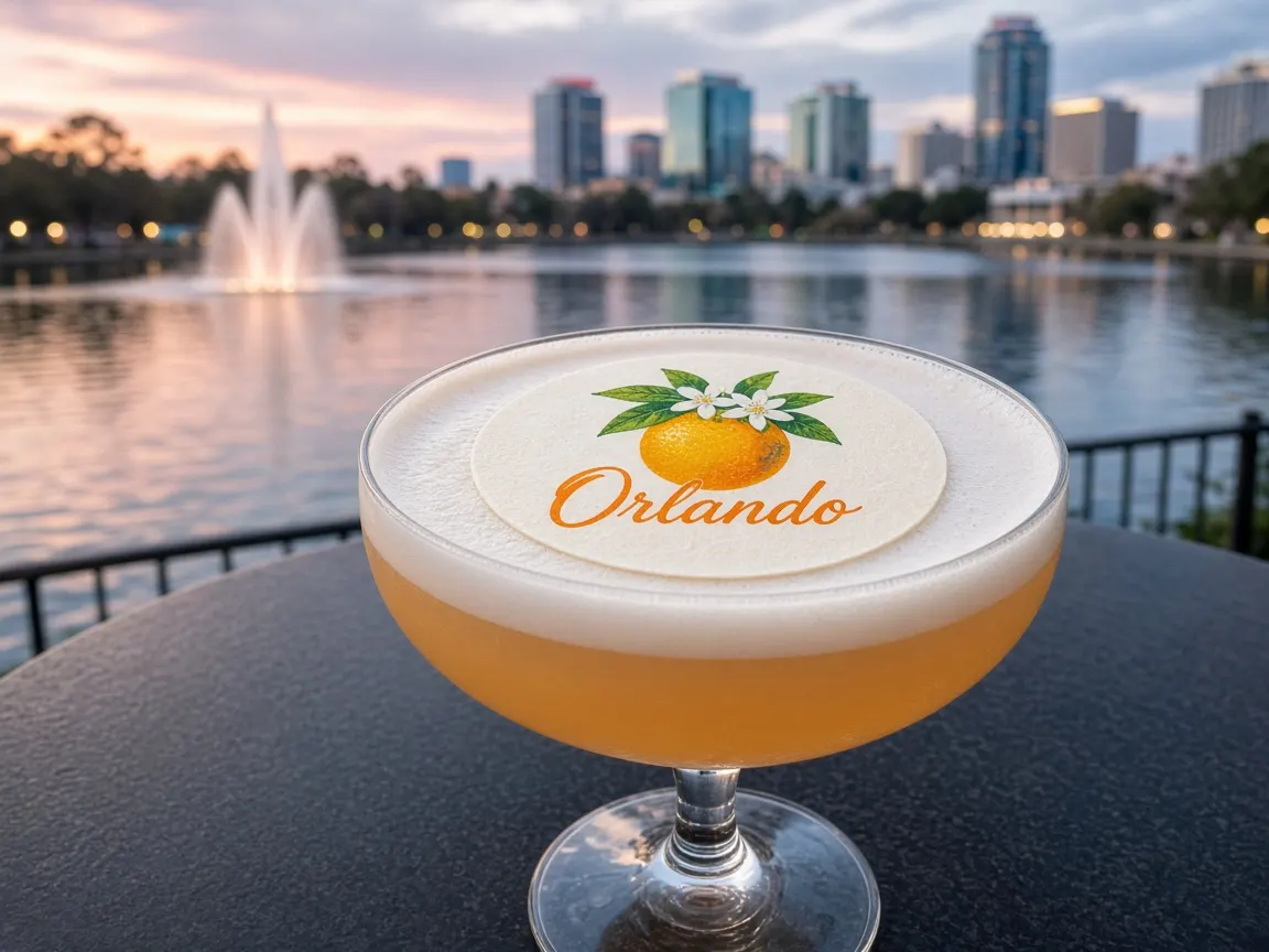 Citrus sour with an orange blossom Orlando topper, Lake Eola fountain behind