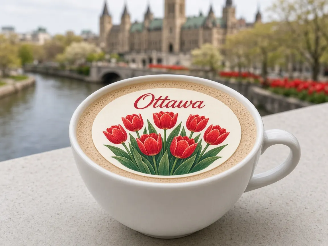 Latte with a red tulip Ottawa topper beside the canal and Parliament Hill