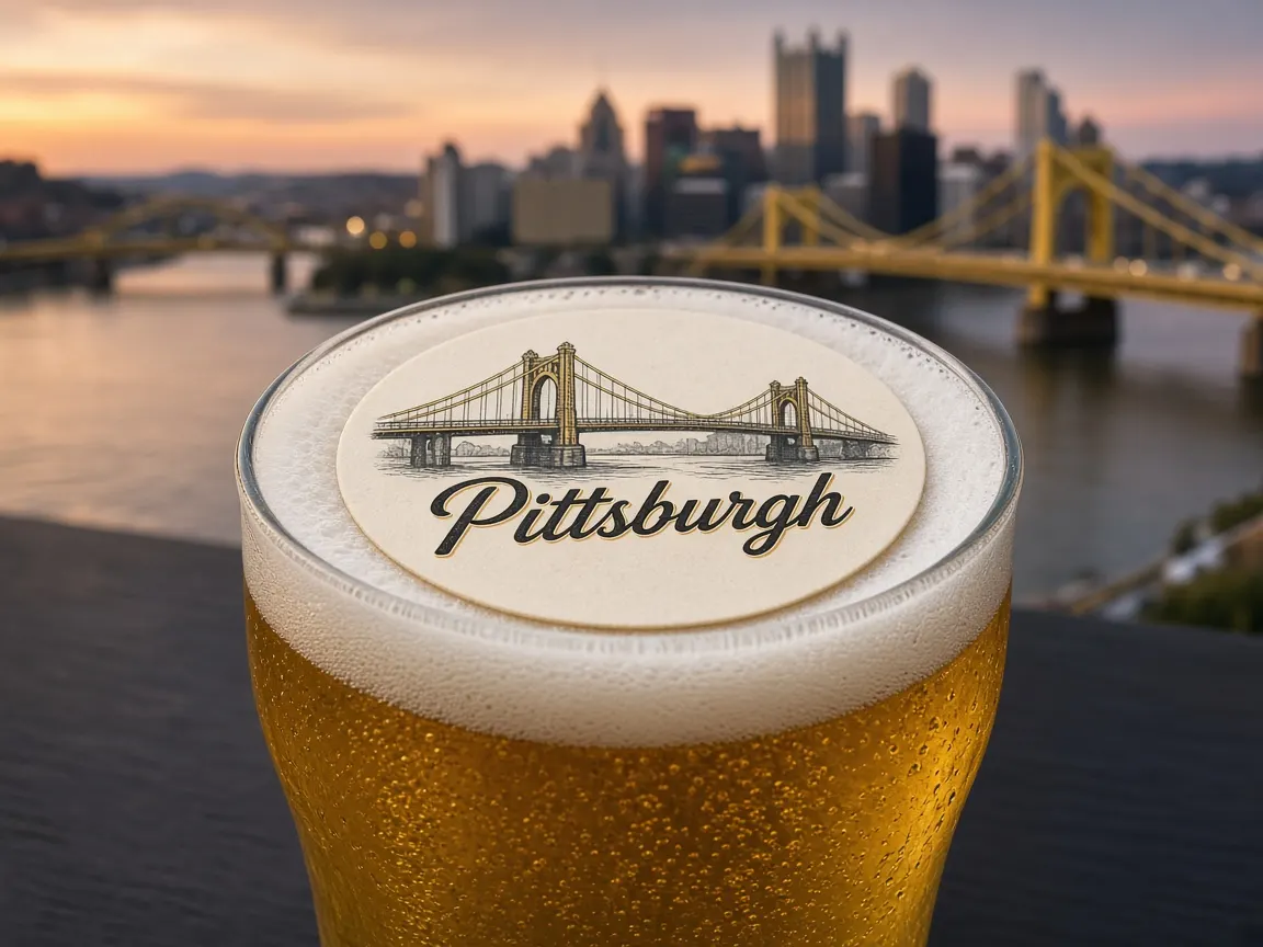 Pint with a gold bridge Pittsburgh topper, yellow bridges and the skyline behind