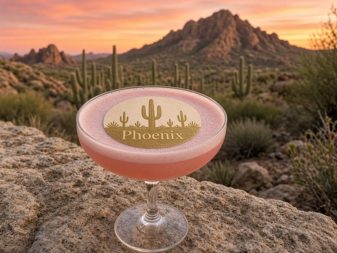 Prickly-pear cocktail with a Phoenix saguaro topper at desert sunset, Camelback-style peak behind