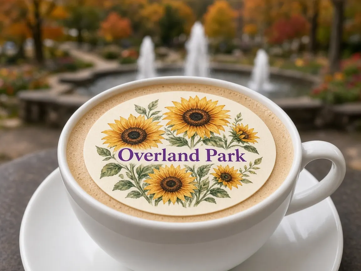Latte with a sunflower Overland Park topper beside arboretum fountains