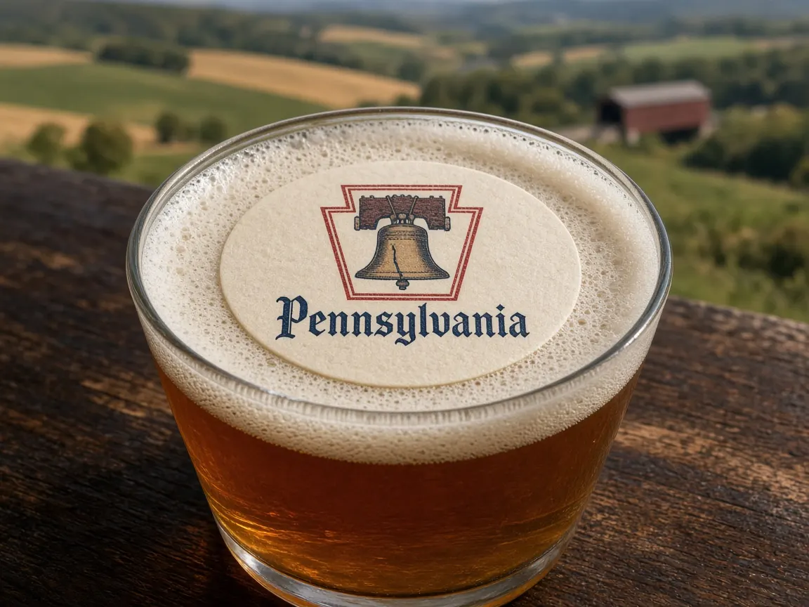 Beer with a keystone and bell Pennsylvania topper above farmland