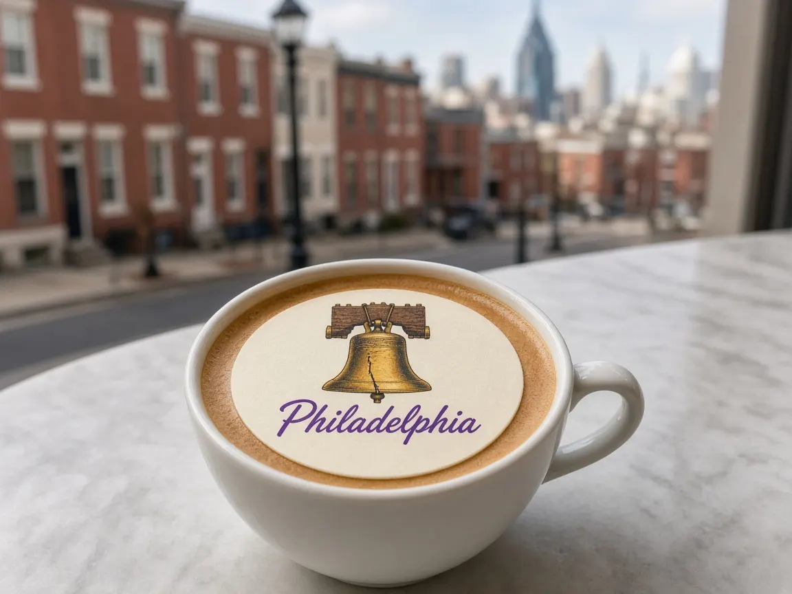 Cappuccino with a Liberty Bell Philadelphia topper, Old City rowhouses behind