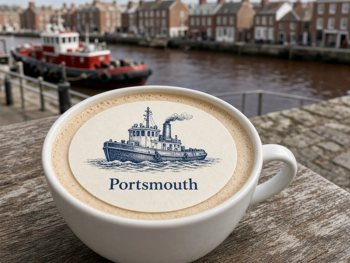Cappuccino with a tugboat Portsmouth topper on the Piscataqua waterfront