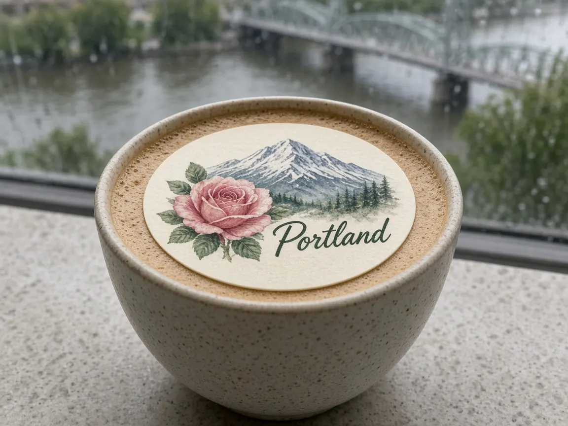 Cappuccino with a rose and Mount Hood Portland topper by a rainy window