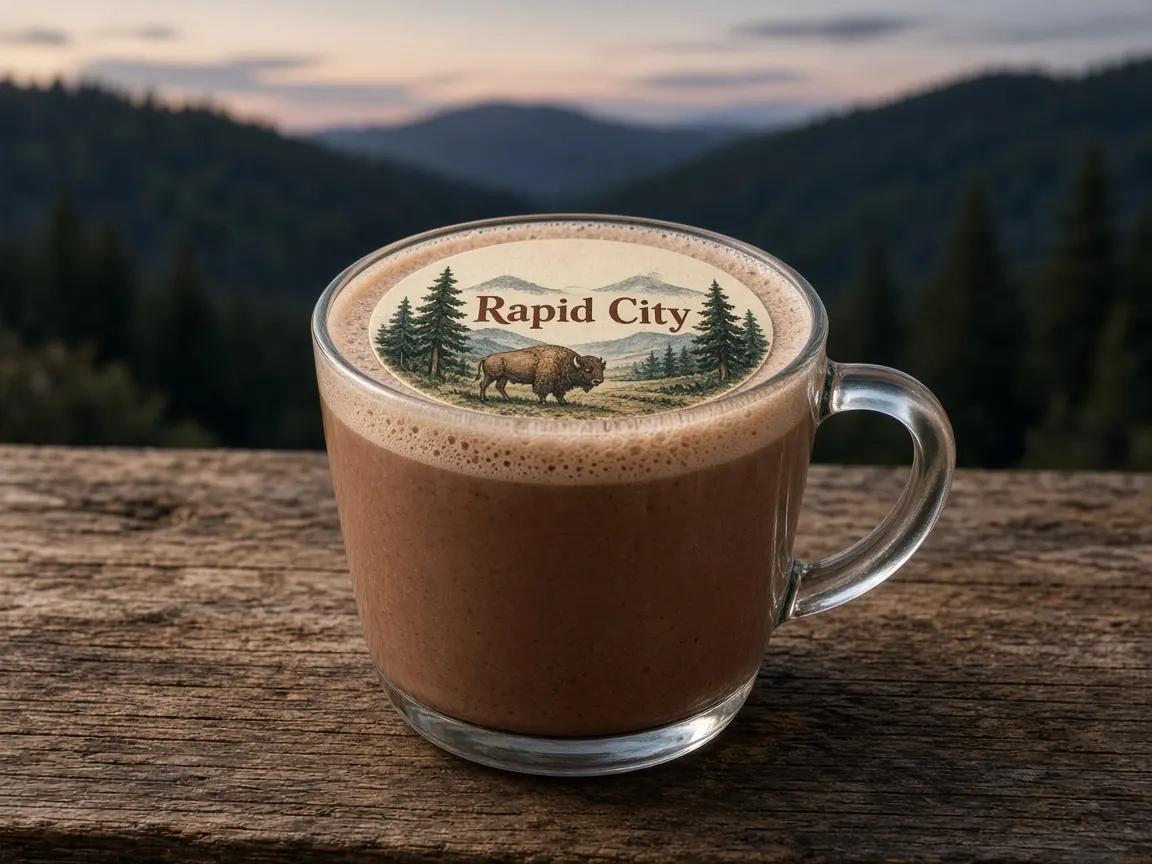 Hot chocolate with pine hills and a bison Rapid City topper in the Black Hills