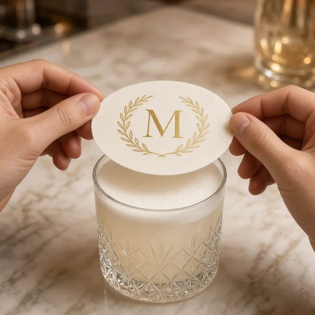 Two hands holding a topper flat by its edges over a foamy cocktail