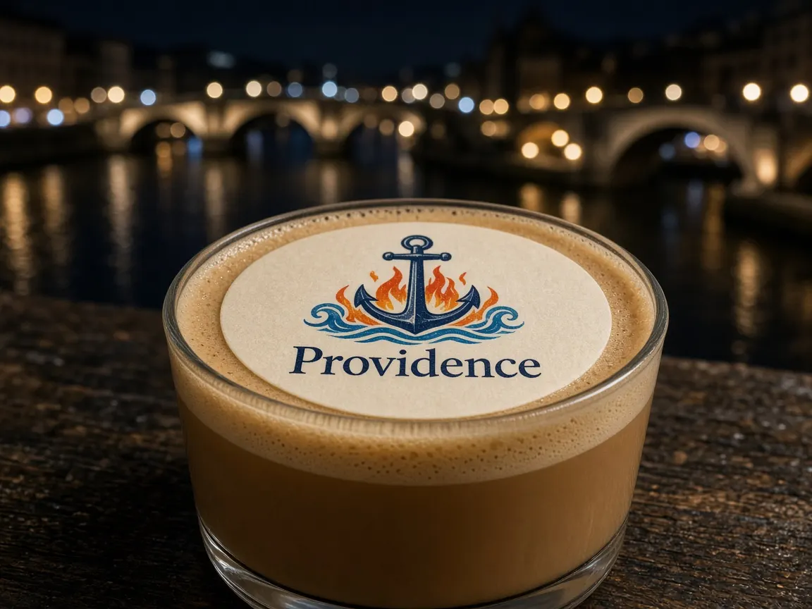 Latte with an anchor and flame on water Providence topper by river bridges