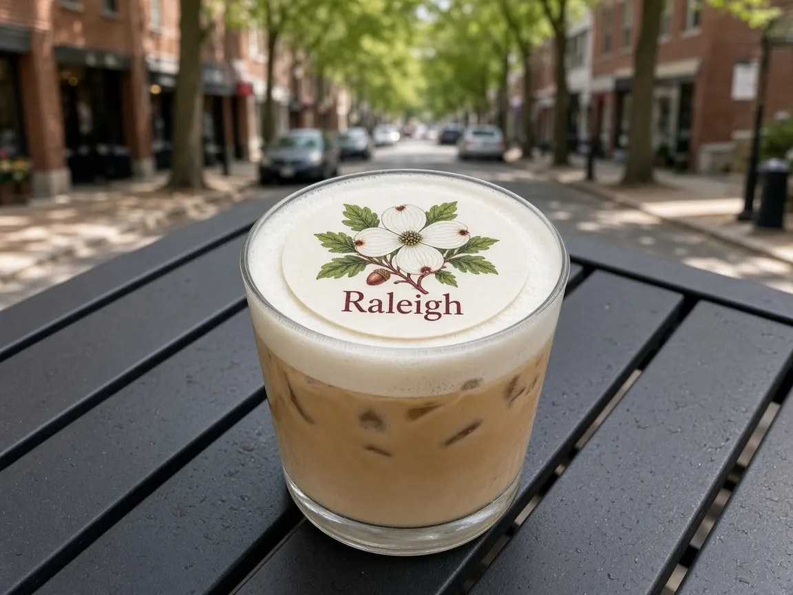 Iced latte with cold foam and a dogwood Raleigh topper on a downtown patio