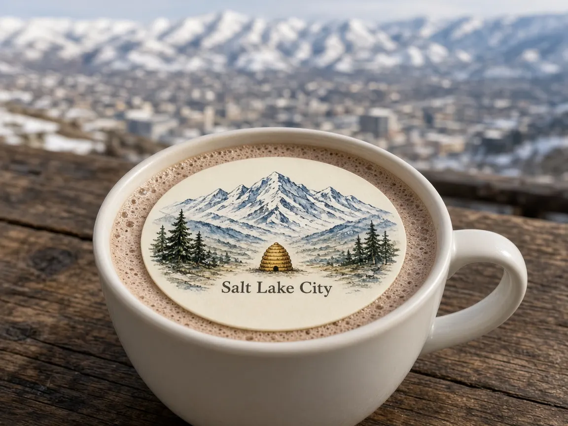 Hot chocolate with a Wasatch mountains and beehive topper overlooking Salt Lake City