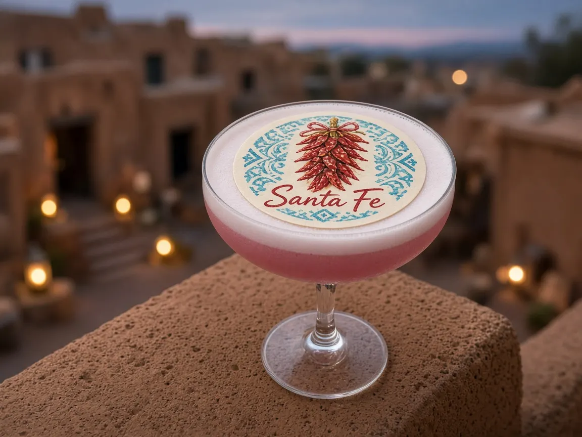 Prickly pear sour with a red chile ristra Santa Fe topper above adobe rooftops
