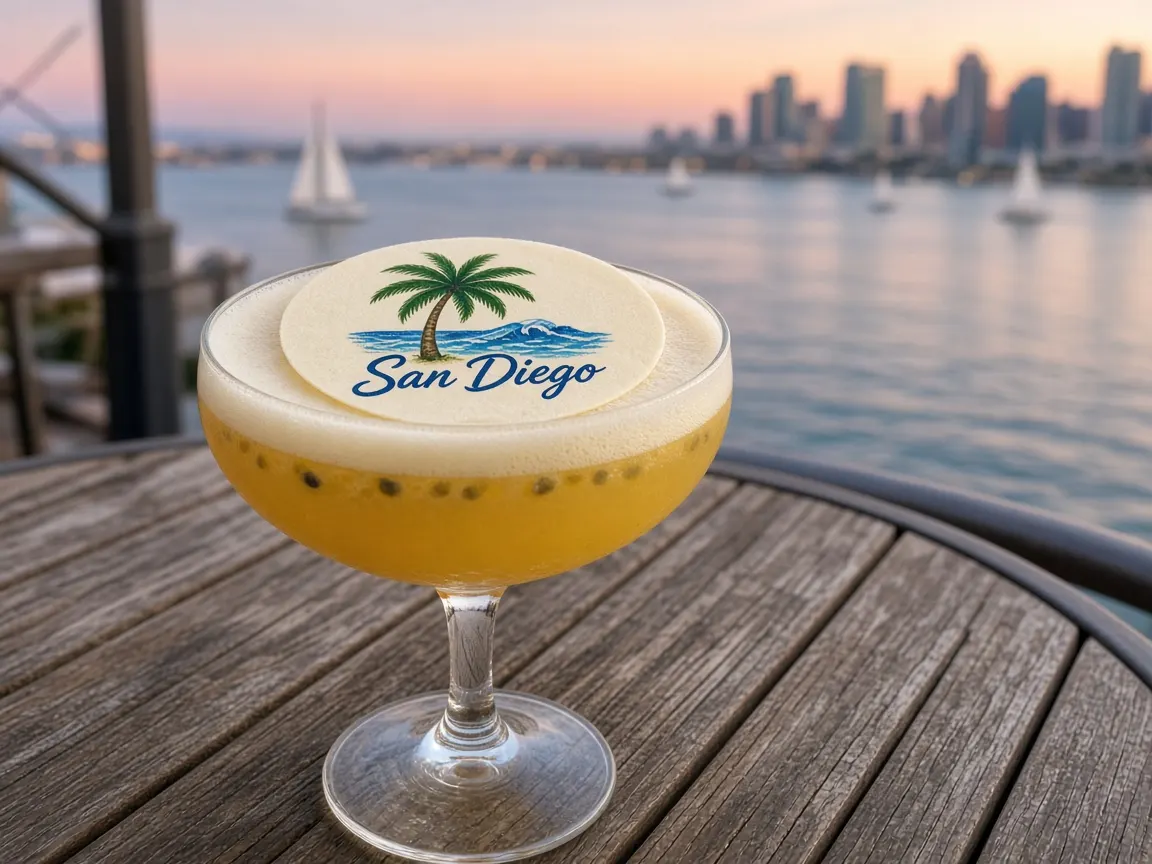 Passion fruit cocktail with a palm tree San Diego topper, bay and sailboats behind